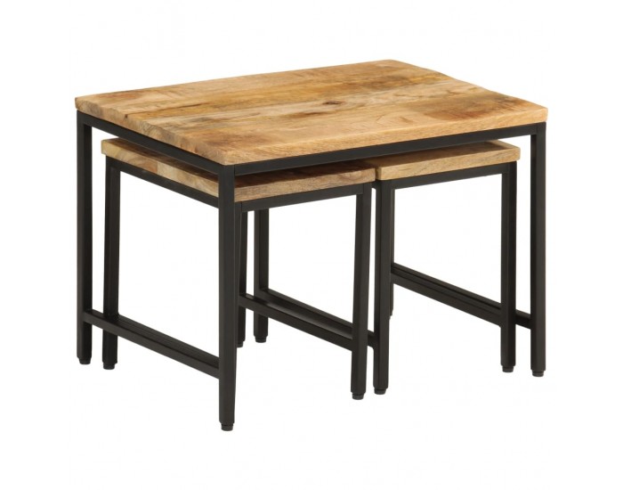 Sonata H Стифиращи маси за кафе, 3 бр, дърво груб манго масив и желязо