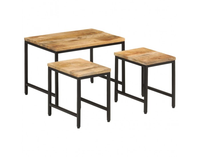 Sonata H Стифиращи маси за кафе, 3 бр, дърво груб манго масив и желязо