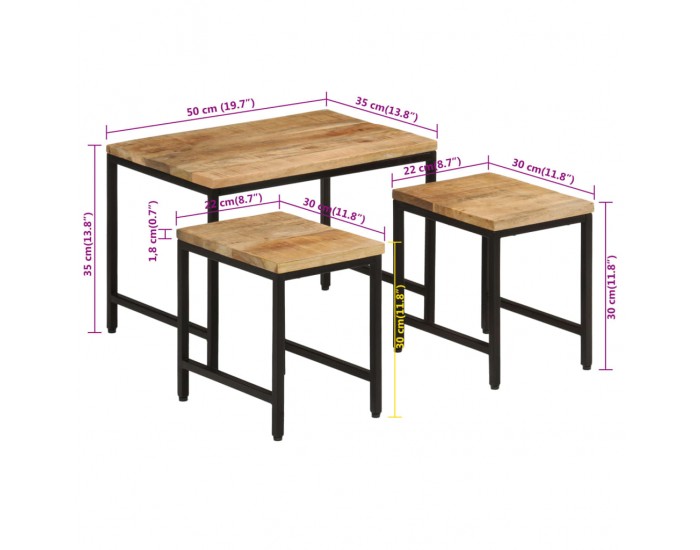 Sonata H Стифиращи маси за кафе, 3 бр, дърво груб манго масив и желязо