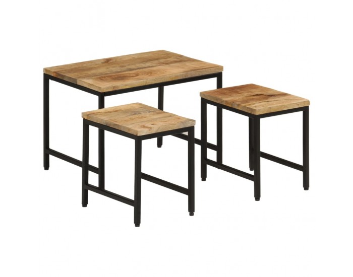 Sonata H Стифиращи маси за кафе, 3 бр, дърво груб манго масив и желязо