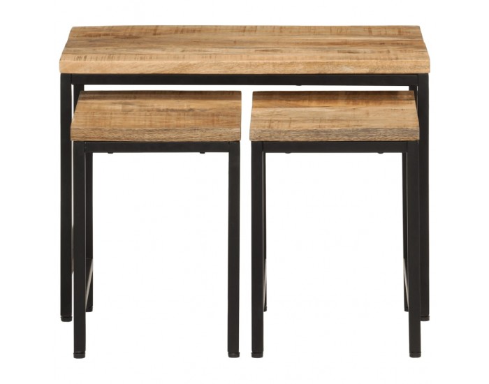 Sonata H Стифиращи маси за кафе, 3 бр, дърво груб манго масив и желязо