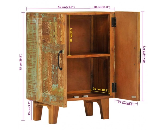 Sonata H Ръчно резбован бюфет 55x30x75 см масивно регенерирано дърво