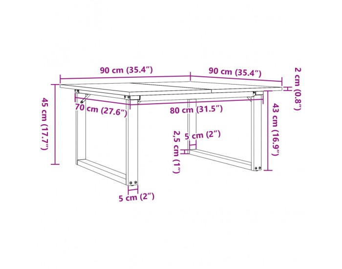 Sonata H Кафе маса О-образна рамка 90x90x45 см бор масив и чугун