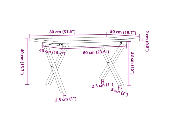 Sonata H Кафе маса X-образна рамка 80x50x40 см бор масив и чугун