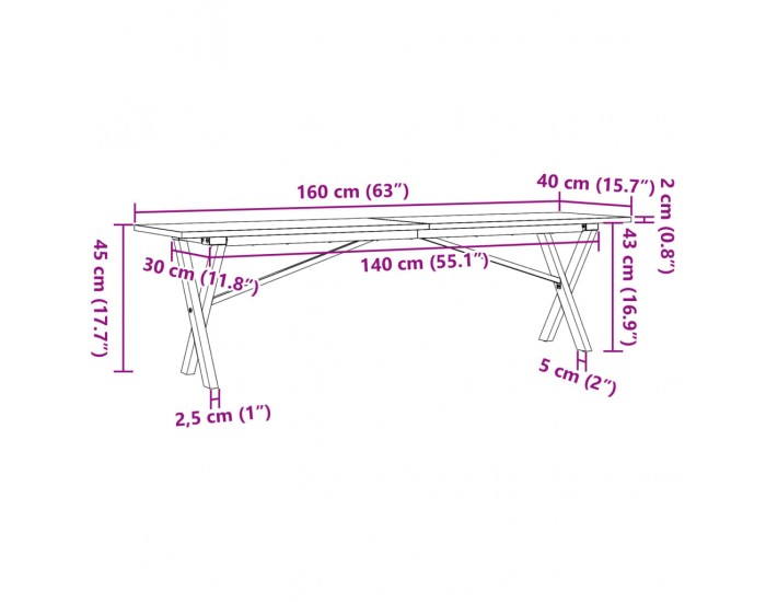 Sonata H Кафе маса X-образна рамка 160x40x45 см бор масив и чугун