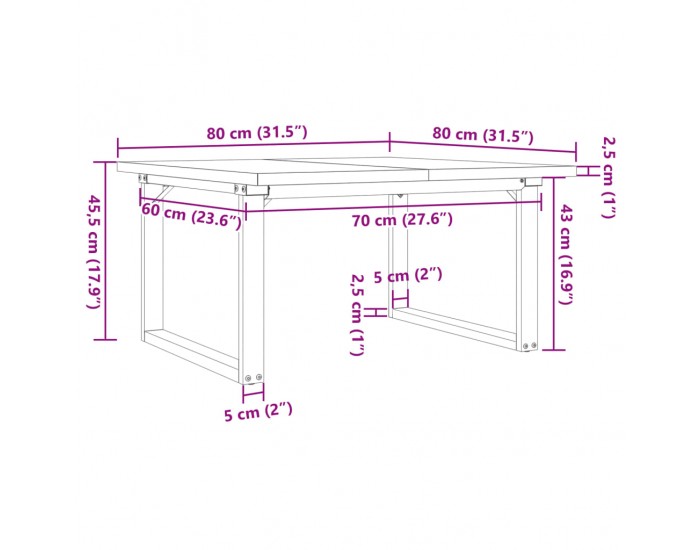 Sonata H Кафе маса О-образна рамка 80x80x45,5 см бор масив и чугун
