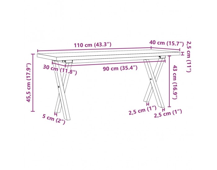 Sonata H Кафе маса X-образна рамка 110x40x45,5 см бор масив и чугун