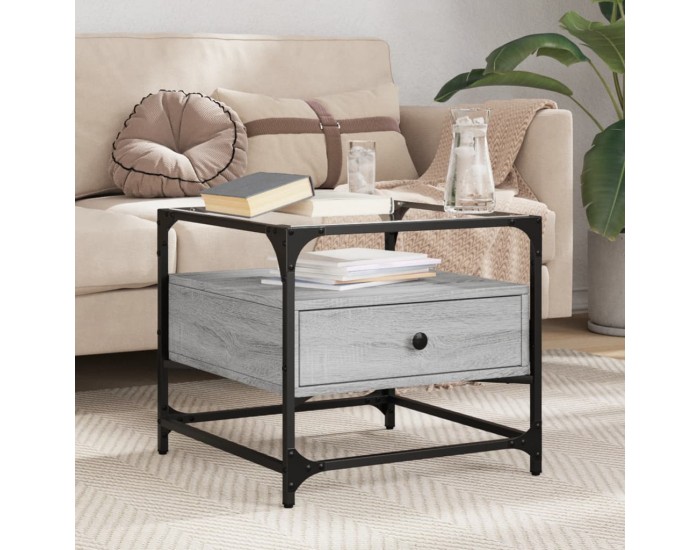 Sonata H Маса за кафе със стъклен плот, сив сонома, 50x50x45 см, стомана