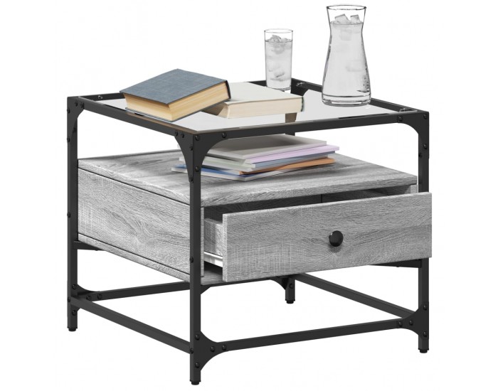 Sonata H Маса за кафе със стъклен плот, сив сонома, 50x50x45 см, стомана