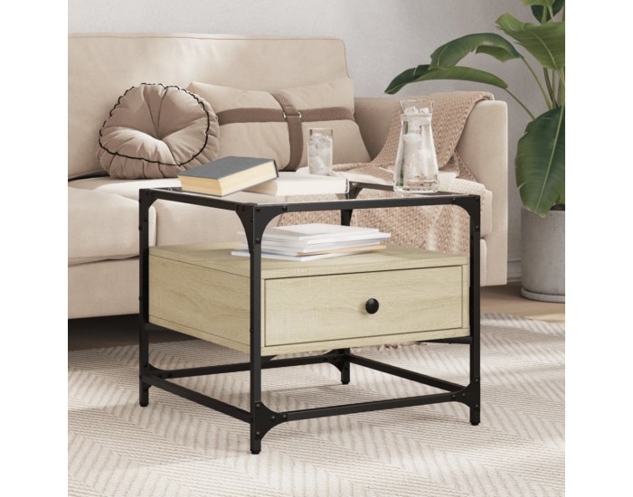 Sonata H Маса за кафе със стъклен плот, сонома дъб, 50x50x45 см, стомана