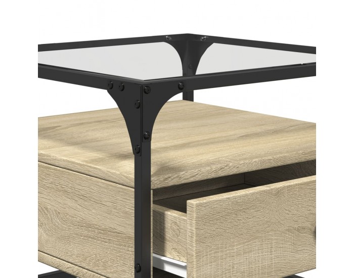 Sonata H Маса за кафе със стъклен плот, сонома дъб, 50x50x45 см, стомана