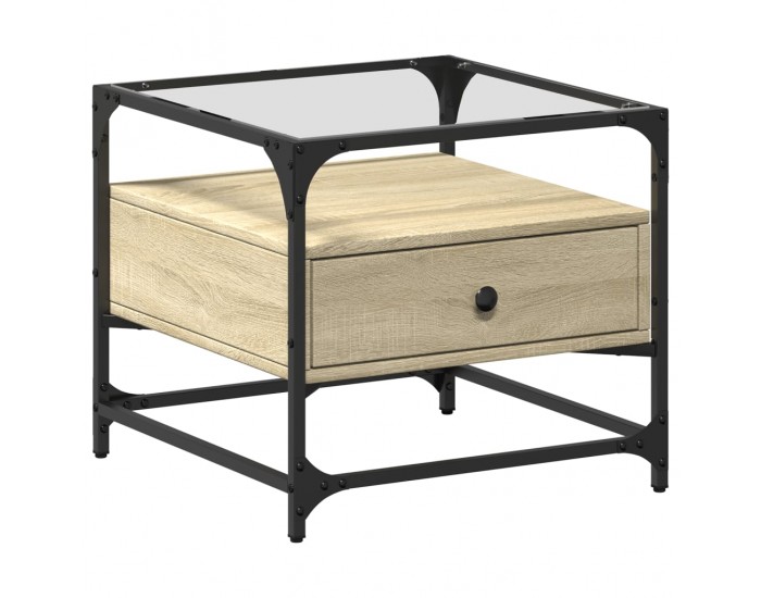 Sonata H Маса за кафе със стъклен плот, сонома дъб, 50x50x45 см, стомана