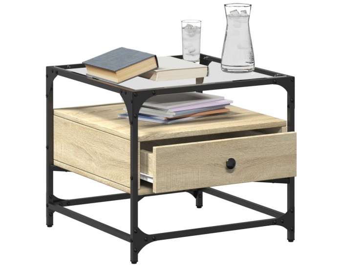 Sonata H Маса за кафе със стъклен плот, сонома дъб, 50x50x45 см, стомана