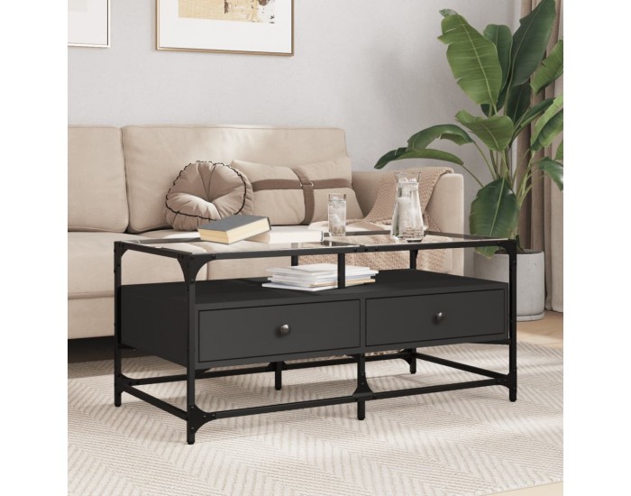 Sonata H Маса за кафе със стъклен плот, черна, 98,5x50x45 см, стомана