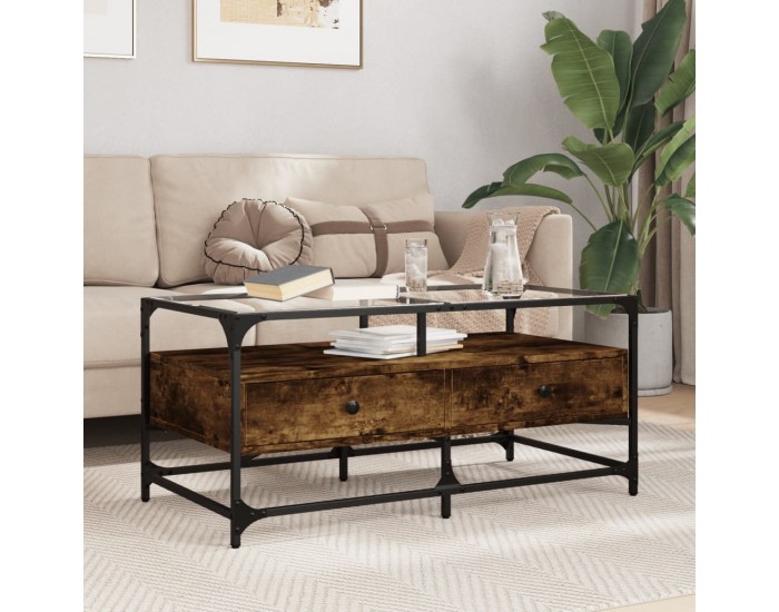 Sonata H Маса за кафе със стъклен плот, опушен дъб,98,5x50x45см, стомана