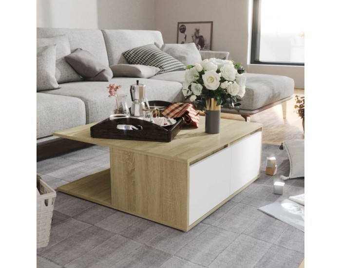 Sonata H Маса за кафе, бяло и дъб сонома, 80x80x31 см, инженерно дърво