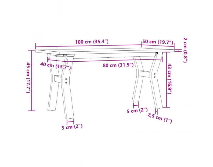 Sonata H Кафе маса Y-образна рамка 100x50x45 см бор масив и чугун