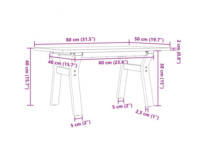 Sonata H Кафе маса Y-образна рамка 80x50x40 см бор масив и чугун