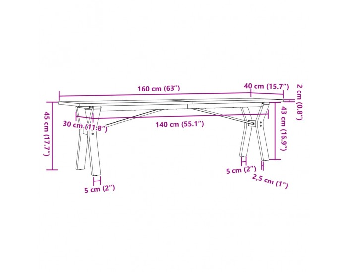 Sonata H Кафе маса Y-образна рамка 160x40x45 см бор масив и чугун