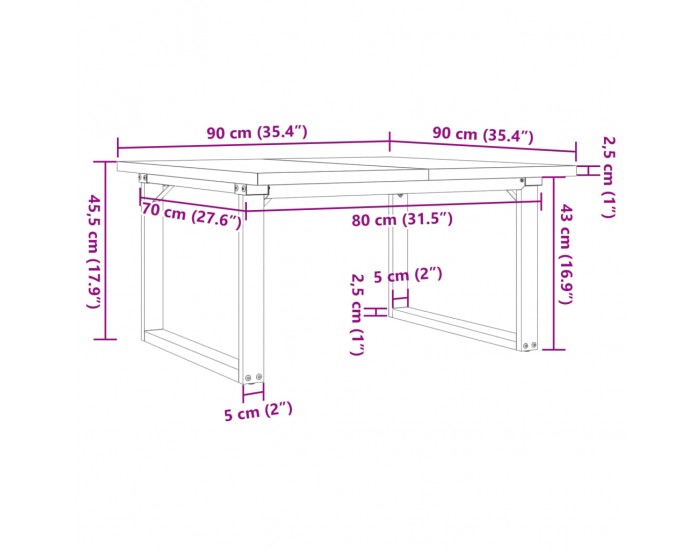 Sonata H Кафе маса О-образна рамка 90x90x45,5 см бор масив и чугун