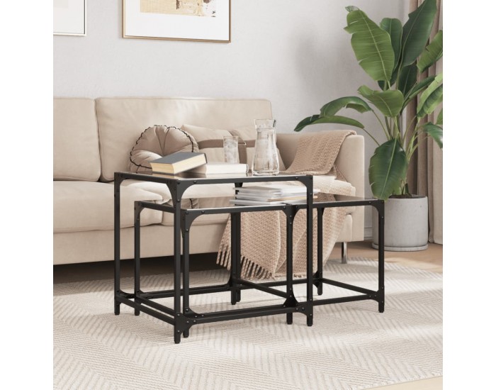 Sonata H Стифиращи кафе маси, 2 бр, с черен стъклен плот, стомана