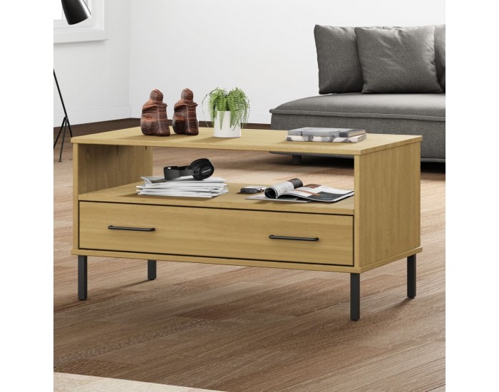 Sonata H Кафе маса с метални крака кафява 85x50x45 см масивно дърво OSLO