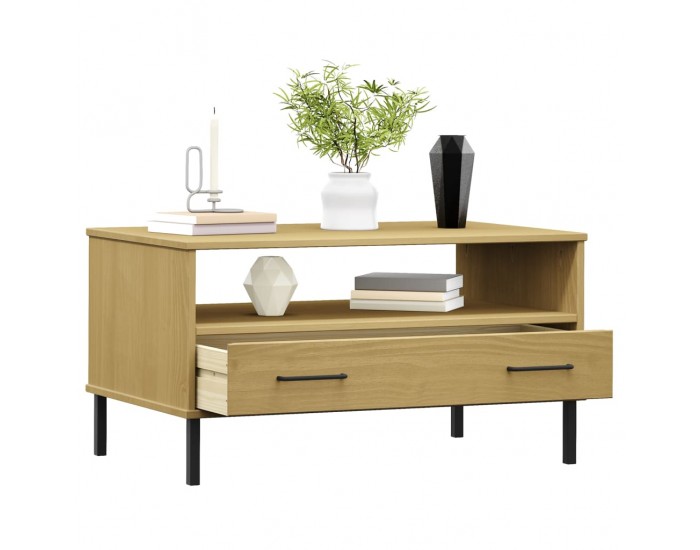 Sonata H Кафе маса с метални крака кафява 85x50x45 см масивно дърво OSLO