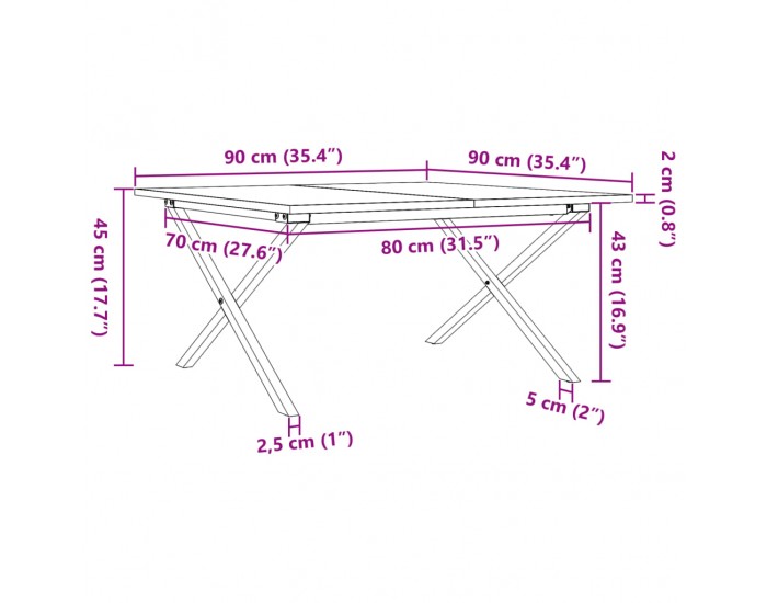 Sonata H Кафе маса X-образна рамка 90x90x45 см бор масив и чугун