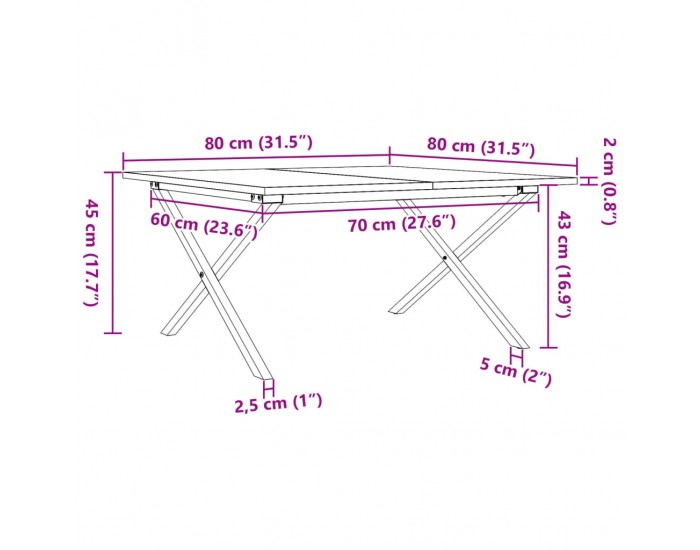 Sonata H Кафе маса X-образна рамка 80x80x45 см бор масив и чугун