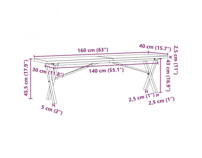 Sonata H Кафе маса X-образна рамка 160x40x45,5 см бор масив и чугун