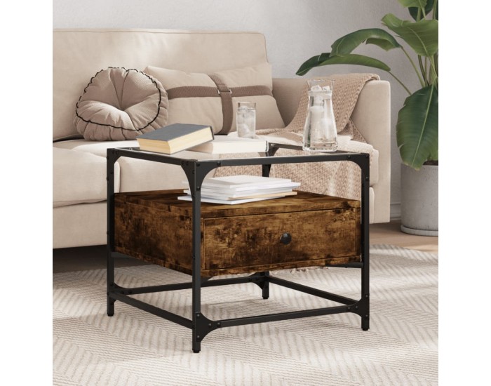 Sonata H Маса за кафе със стъклен плот, опушен дъб, 50x50x45 см, стомана