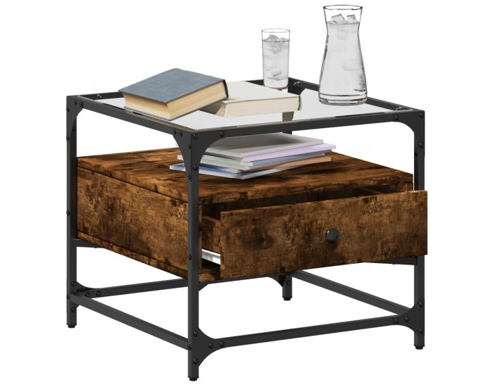 Sonata H Маса за кафе със стъклен плот, опушен дъб, 50x50x45 см, стомана