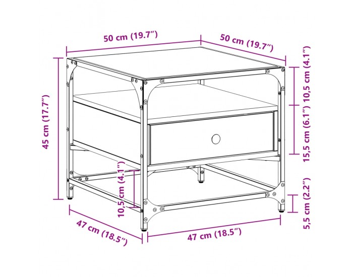 Sonata H Маса за кафе със стъклен плот, опушен дъб, 50x50x45 см, стомана