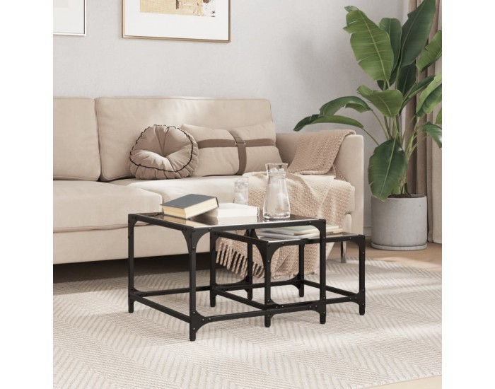 Sonata H Стифиращи кафе маси, 2 бр, с черен стъклен плот, стомана