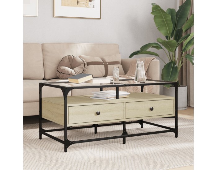 Sonata H Маса за кафе със стъклен плот, сонома дъб,98,5x50x45см, стомана