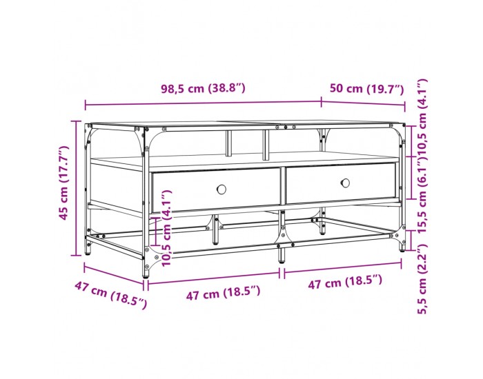 Sonata H Маса за кафе със стъклен плот, сонома дъб,98,5x50x45см, стомана