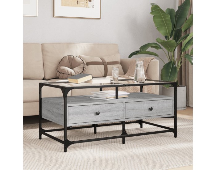 Sonata H Маса за кафе със стъклен плот, сив сонома,98,5x50x45см, стомана