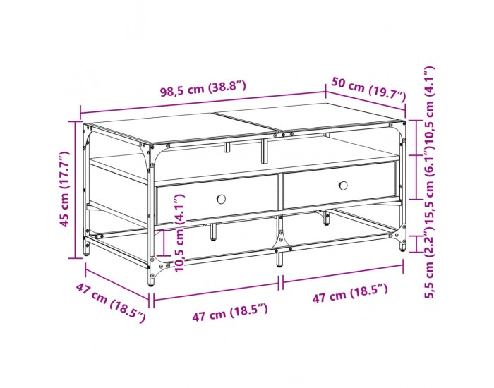 Sonata H Маса за кафе със стъклен плот, сив сонома,98,5x50x45см, стомана
