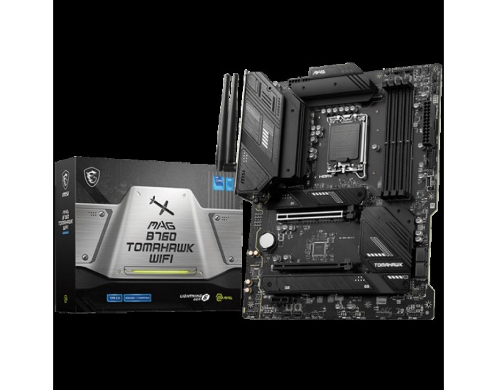MSI MAG B760 TOMAHAWK WIFI, ATX, Socket 1700, Dual Channel DDR5 7000+(OC)MHz, 2x PCIe x16 slots, 3x M.2 slots, 1x HDMI, 1x DP, 1x USB 3.2 Gen 2x2 Type-C, 4x USB 3.2 Gen 2, 4x USB 2.0, 7.1 HD Audio, 2.5Gbps LAN, WI-FI 6E, BT, 3Y MSI MAG B760 TOMAHAWK WIFI, ATX, Socket 1700, Dual Channel DDR5 7000+(OC)MHz, 2x PCIe x16 slots, 3x M.2 slots, 1x HDMI, 1x DP, 1x USB 3.2 Gen 2x2 Type-C, 4x USB 3.2 Gen 2, 4x USB 2.0, 7.1 HD Audio, 2.5Gbps LAN, WI-FI 6E, BT, 3Y