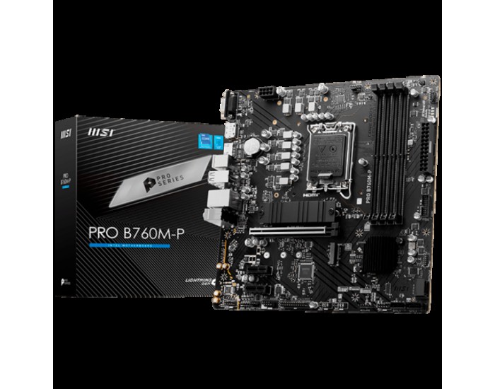 MSI PRO B760M-P, mATX, LGA 1700, Dual Channel DDR5 6800, 1x PCIe x16 slots, 2x M.2 slots, 1x HDMI, 1x DP, 1x VGA, 1x USB 3.2 Gen 2 Type-C, 1x USB 3.2 Gen 1, 4x USB 2.0, 7.1 HD Audio, 1Gbps LAN, 3Y MSI PRO B760M-P, mATX, LGA 1700, Dual Channel DDR5 6800, 1x PCIe x16 slots, 2x M.2 slots, 1x HDMI, 1x DP, 1x VGA, 1x USB 3.2 Gen 2 Type-C, 1x USB 3.2 Gen 1, 4x USB 2.0, 7.1 HD Audio, 1Gbps LAN, 3Y