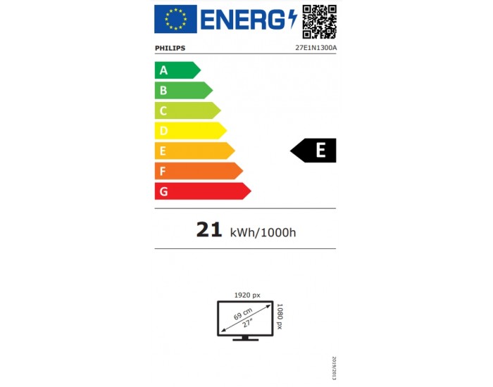Монитор Philips 27E1N1300A, 27" IPS WLED, 1920x1080@100Hz, 4ms GtG, 1ms MPRT, 250cd m/2, 1300:1, Mega Infinity DCR, Adaptive Sync, FlickerFree, Low Blue Mode, 2Wx2, Tilt, HDMI, USB hub