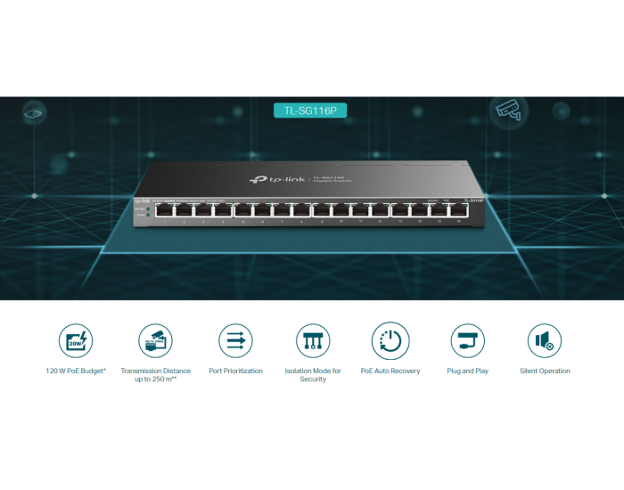 16-портов гигабитов комутатор TP-Link TL-SG116P с 16-портов PoE+