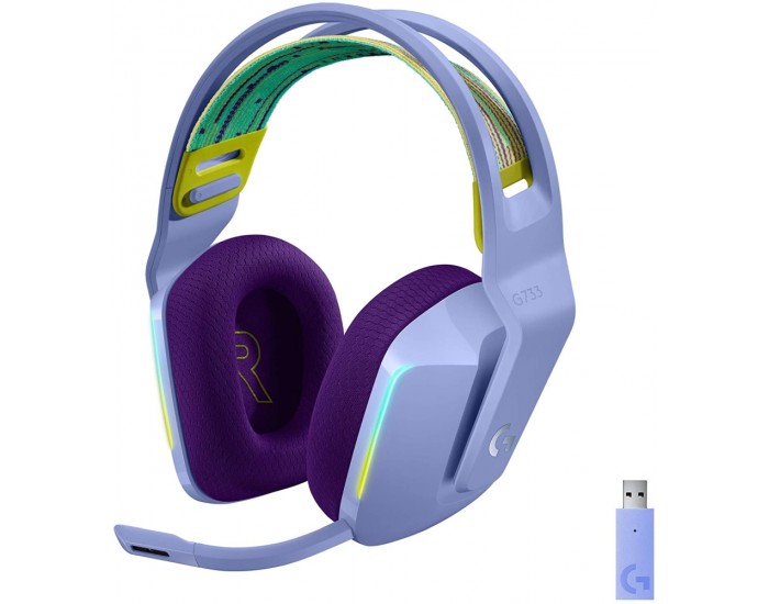 Слушалки Logitech G733 Wireless Headset, Lightsync RGB, Lightspeed Wireless, PRO-G 40 mm Drivers, DTS Headphone:X 2.0 Surround, Blue Voice Microphone, 278 g, Lilac