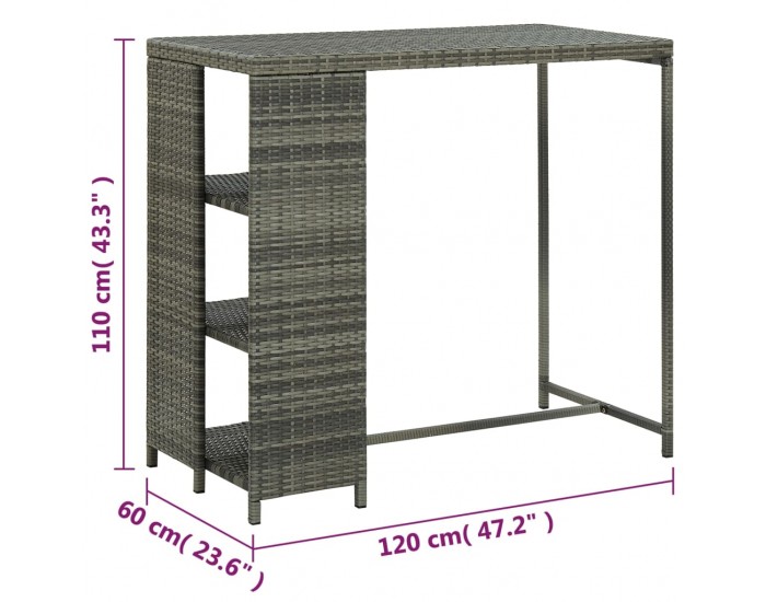 Sonata H Бар маса с шкаф за съхранение, сива, 120x60x110 см, полиратан