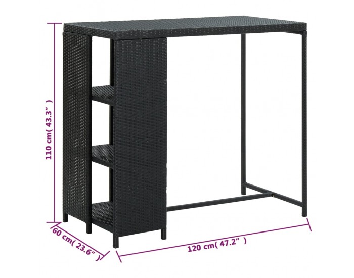 Sonata H Бар маса с шкаф за съхранение, черна, 120x60x110 см, полиратан