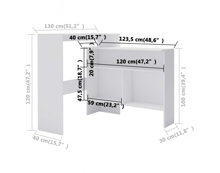 Sonata H Бар маса с 2 плота, бяла, 130x40x120 см