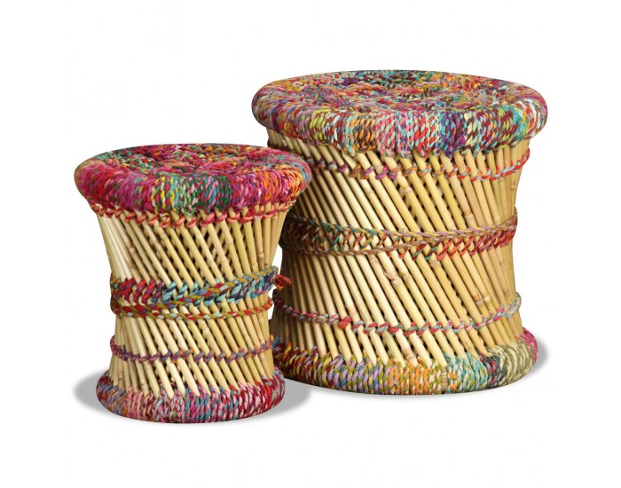 Sonata H Табуретки с Chindi детайли, 2 бр, многоцветни, бамбук