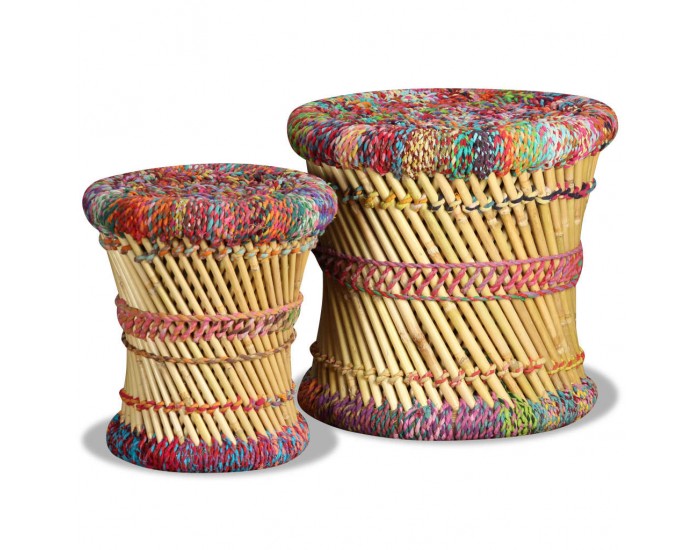 Sonata H Табуретки с Chindi детайли, 2 бр, многоцветни, бамбук