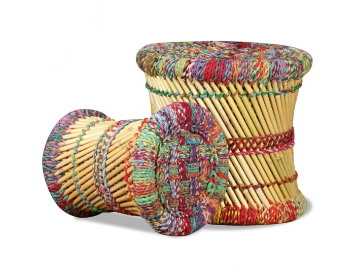 Sonata H Табуретки с Chindi детайли, 2 бр, многоцветни, бамбук