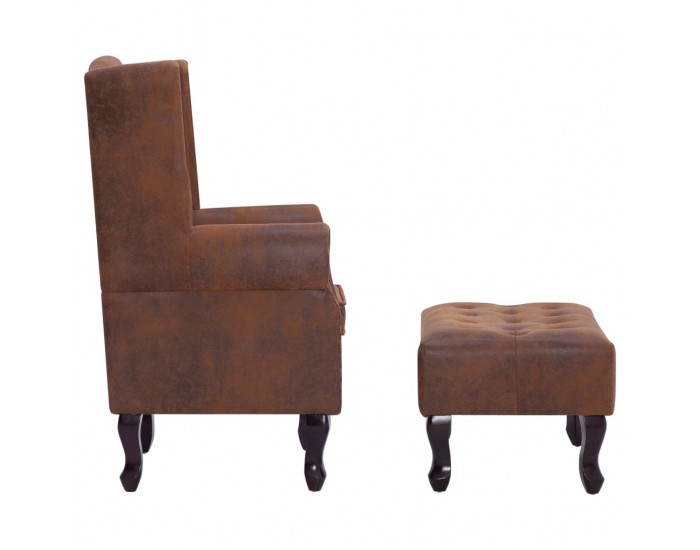 Sonata H Фотьойл Честърфийлд с табуретка, кафяв, изкуствен велур